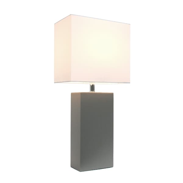 Modern Leather Table Lamp With White Fabric Shade, Gray